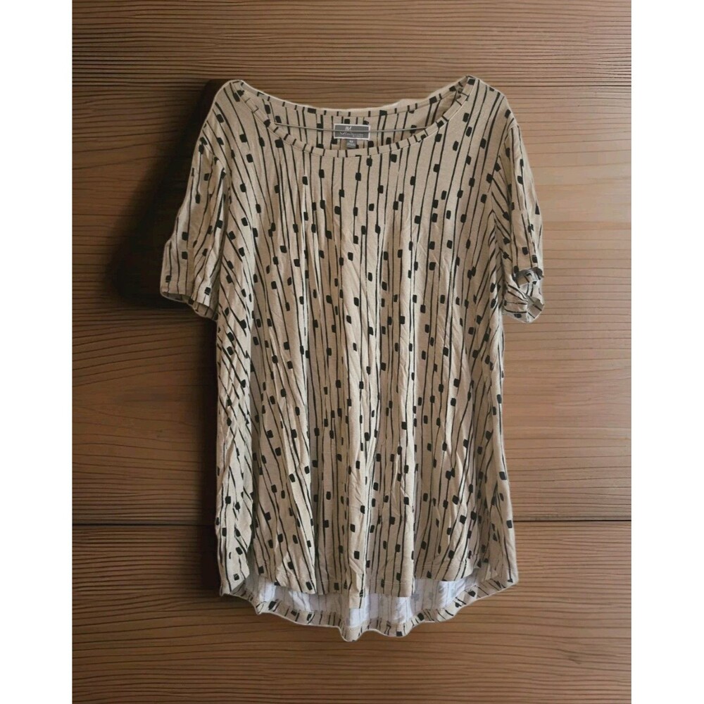 JM Collection Woman Top Blouse Size 0X Cream Beige Black Short Sleeve Thin Comfy